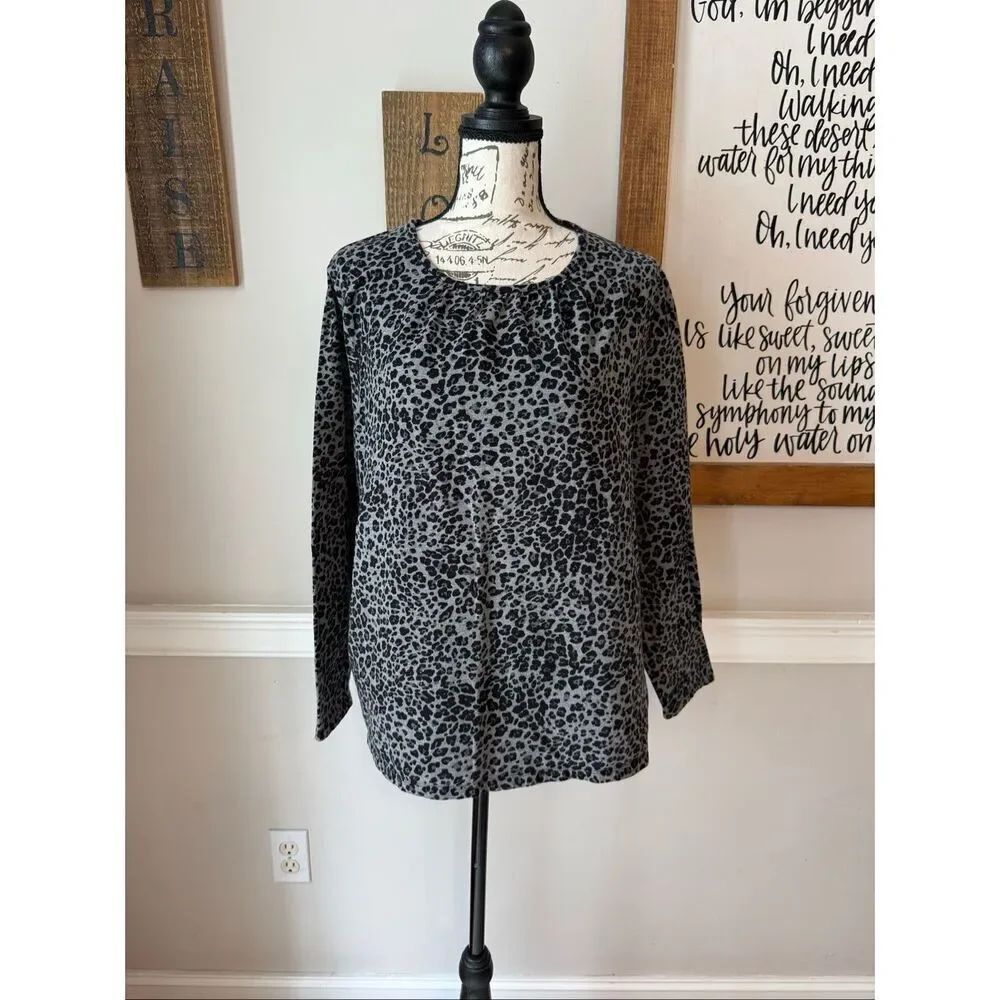 Charter Club Women's Leopard Print Round Neck Long Sleeve Top Black Gray Size 1X